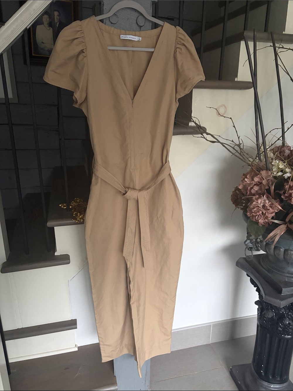 Women's Tan V-Neck Tie-Waist Jumpsuit by REBECCA MINKOFF